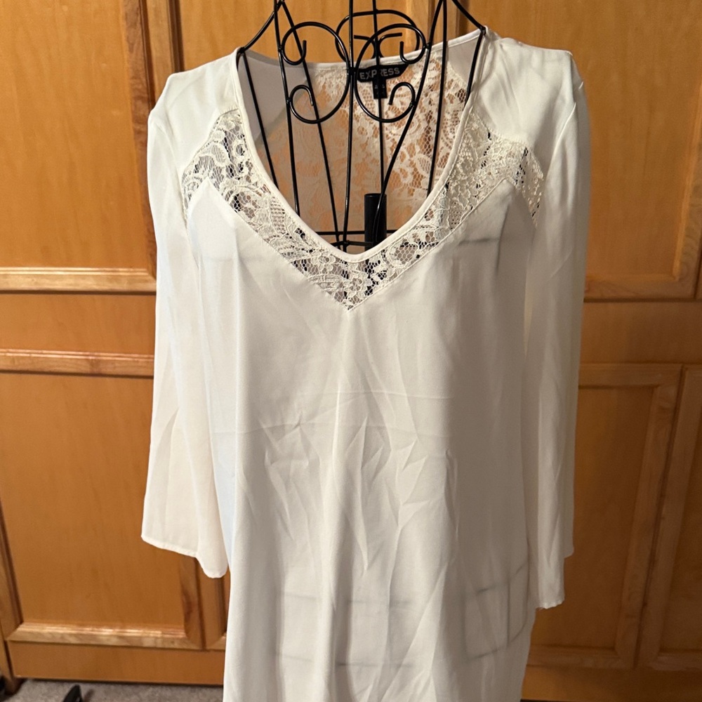 Elegant Express Creamy White Lace Trim Blouse